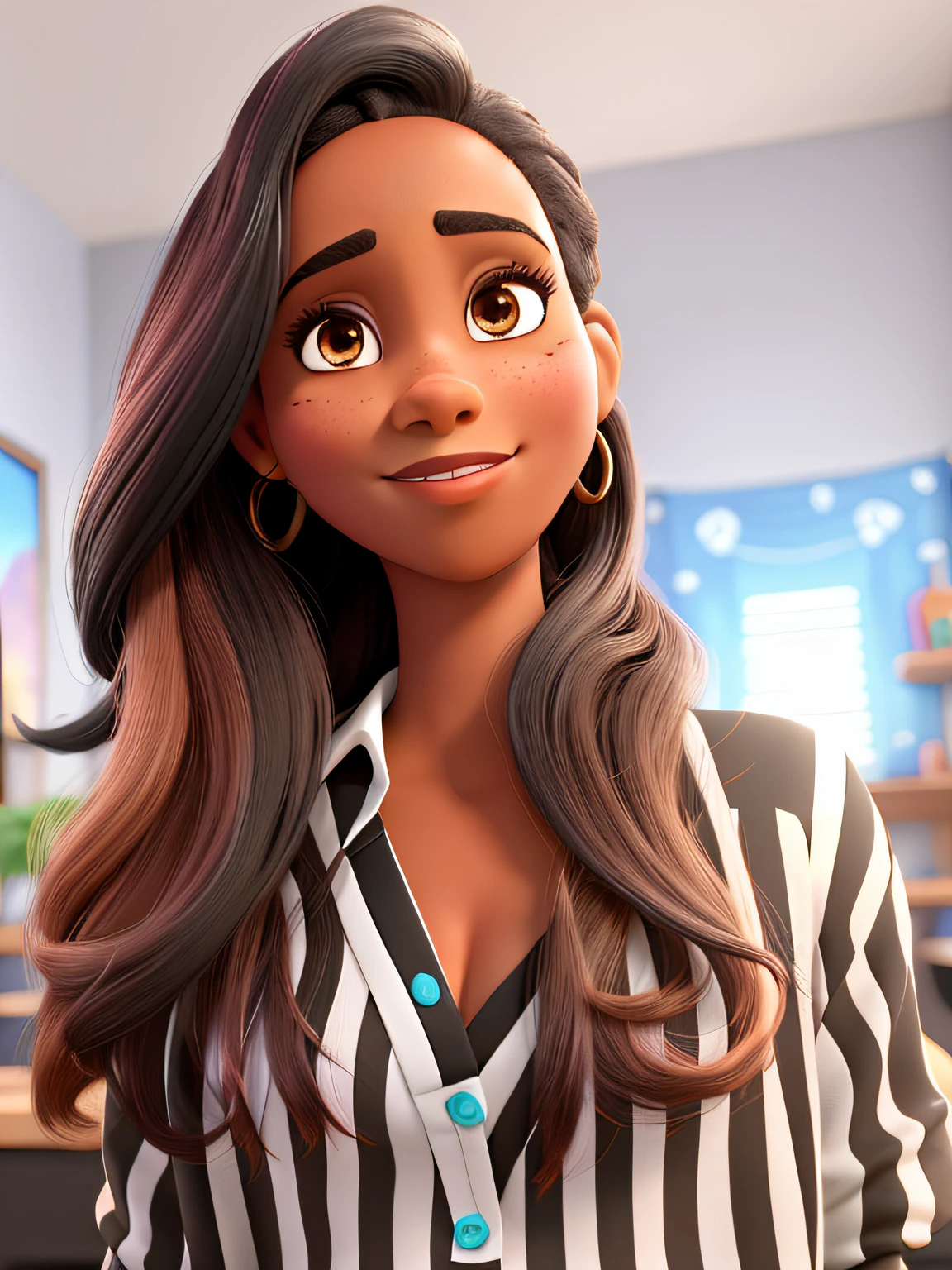Mulher negra, bonita, olhos negros, cabelos castanhos claros, no estilo disney pixar, melhor qualidade, alta qualidade