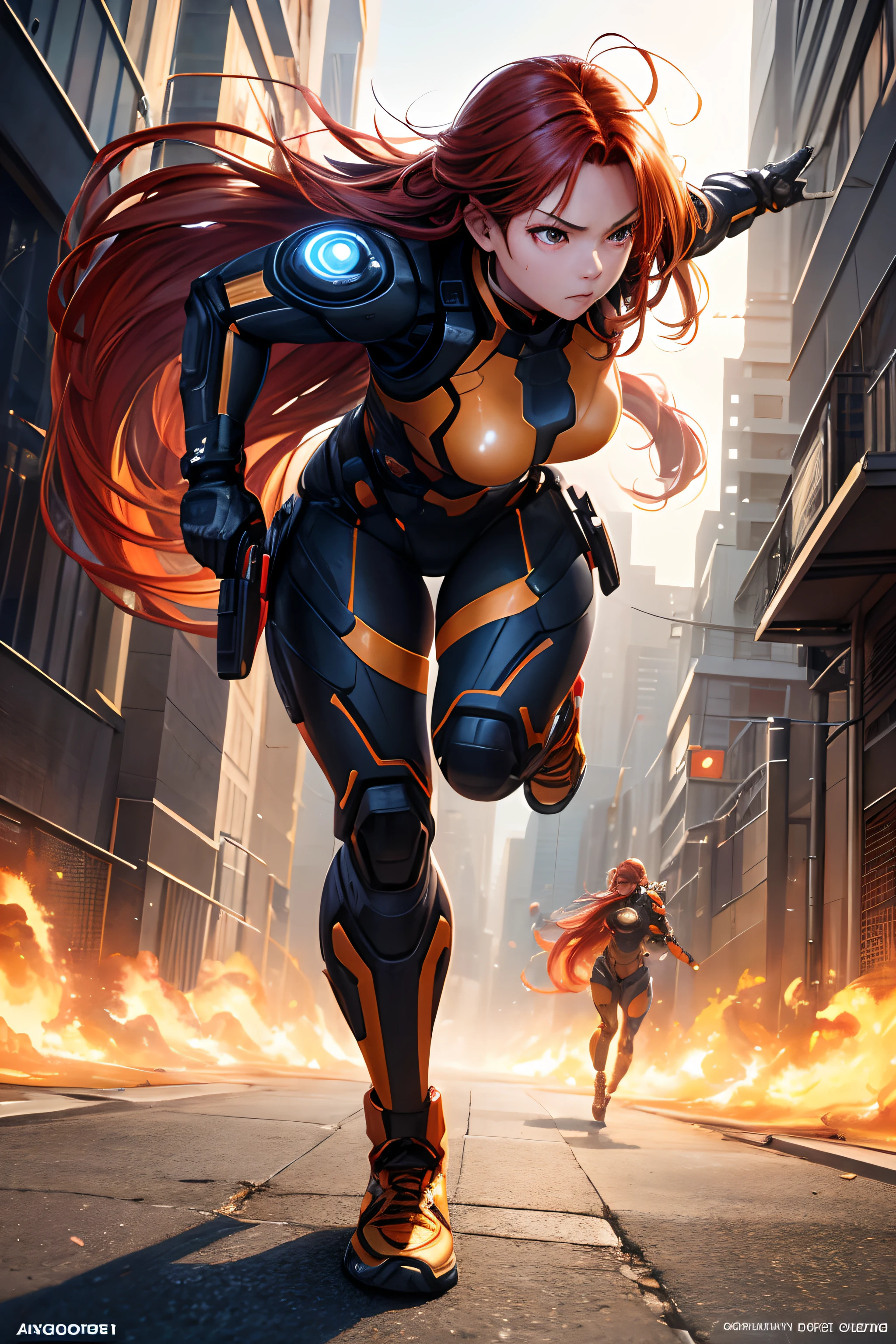 Detailed honey-colored eye, woman, hair in front of her, Asian, red hair with balayage highlights, serious face gestures, round face, age 43, futuristic fighting suit, running to work, work boots, medium: digital painting, ultra-detailed, professional, vivid colors, realistic lighting, concept artists, warm color tone.