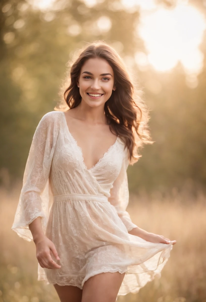 NSFW, Gorgeous NUDE 19 year old model, beautiful natural morning light, smiling, joyous, twirling NUDE outdoors