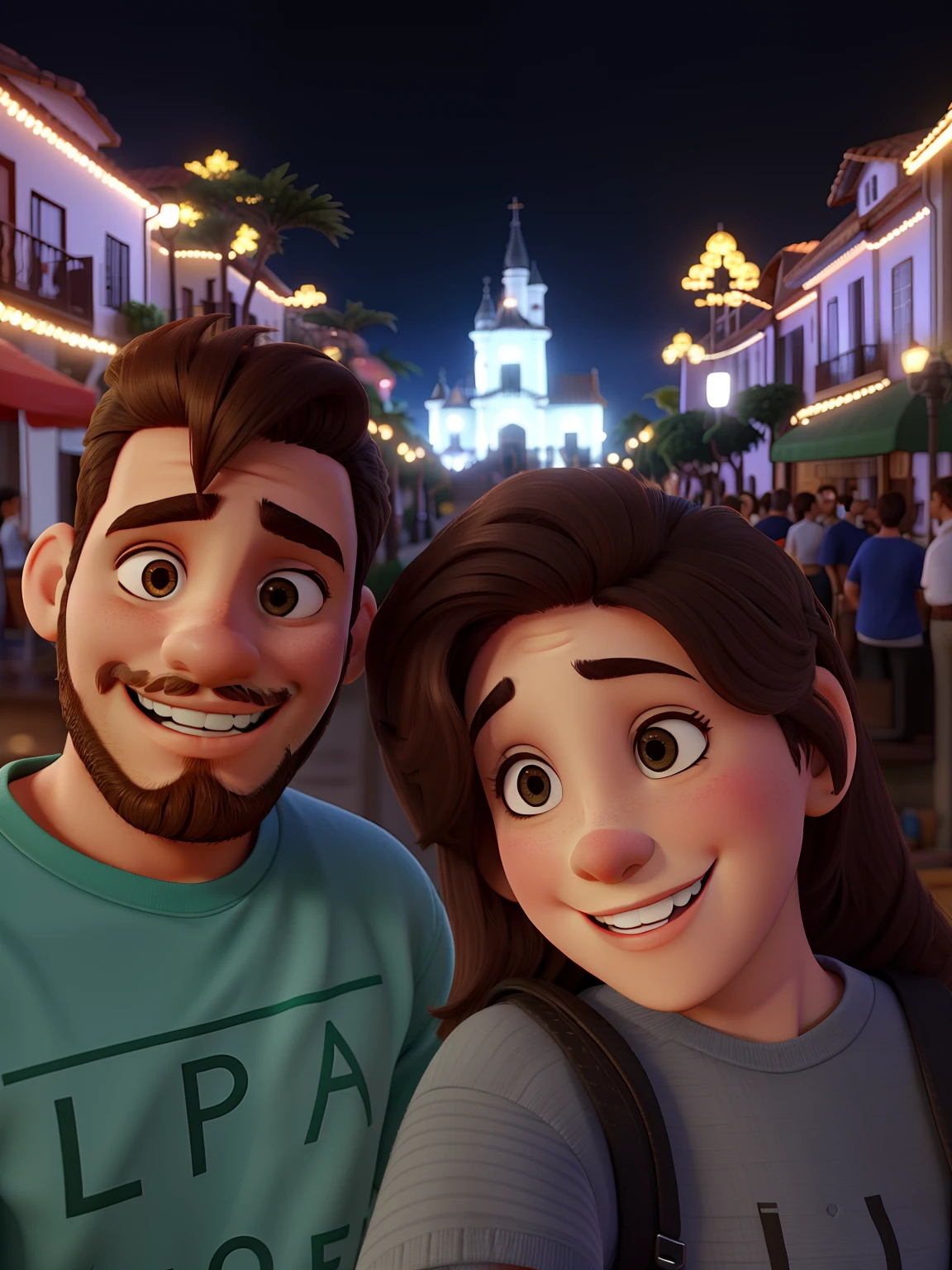 casal com grande sorriso. ele de cabelo curto e barba e ela de cabelo pouco e liso