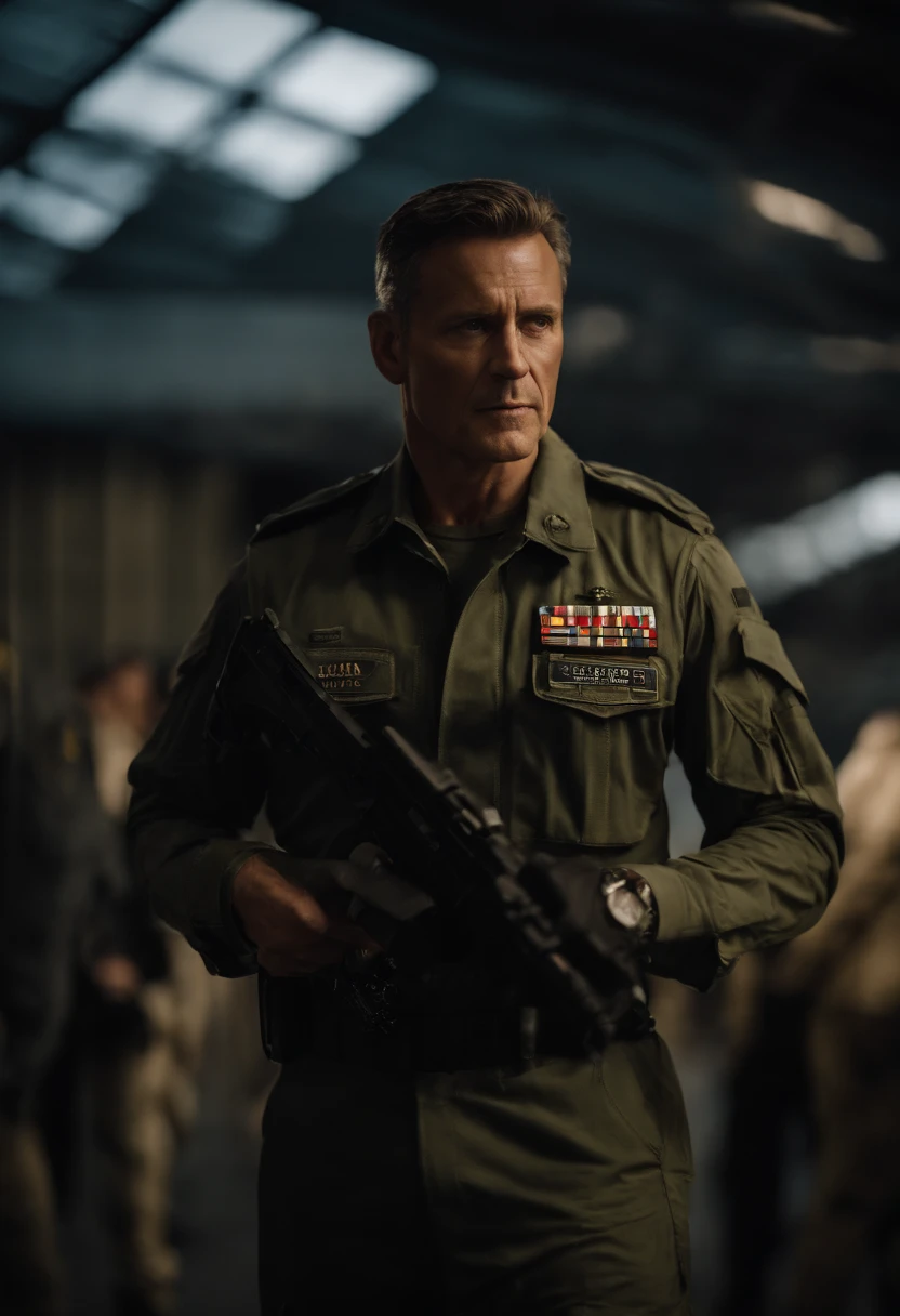 Personagem vestindo roupa de agente secreto, tendo, ao fundo, uma aeronave militar futurista