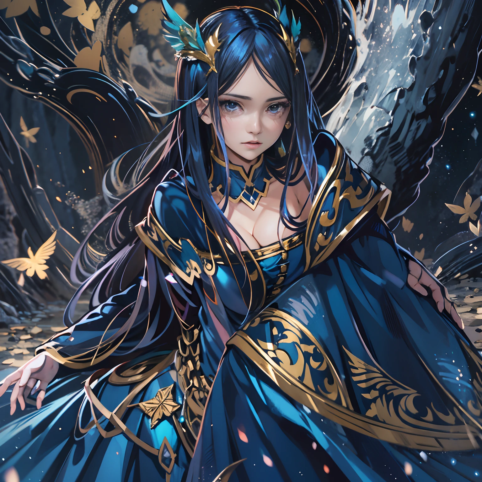 ((Obra maestra, highest qualityr)), Cara detallada, CharacterDesignSheet， cuerpo completosbian, lleno de detalles, multiple poses and expressions, Altamente detallado, profundidad, muchas partes，Beautiful paladin girl，sosteniendo un escudo，extremadamente hermoso，Alto equilibrio, Luz natural, encaje，pantimedias de encaje，De color negro，Starrysky，Star decoration, Aria Drakoria es una joven de belleza deslumbrante con cabello largo y sedoso de color azul oscuro, que cae en cascada hasta la cintura. Sus ojos son de un intenso color verde esmeralda, Full of determination and mystery. Tiene una estatura elegante y una figura esbelta, with delicate yet athletic curves. Su vestimenta refleja su poder y confianza. Lleva una armadura plateada adornada con detalles azules y dorados, que resalta su gracia y fuerza. Furthermore, She wears a flowy blue cape behind her, lo que le da un aire majestuoso. Completa su atuendo con botas altas de color negro y guantes de cuero azul. Aria possesses a unique combination of powers from the protagonists of Fairy Tail: