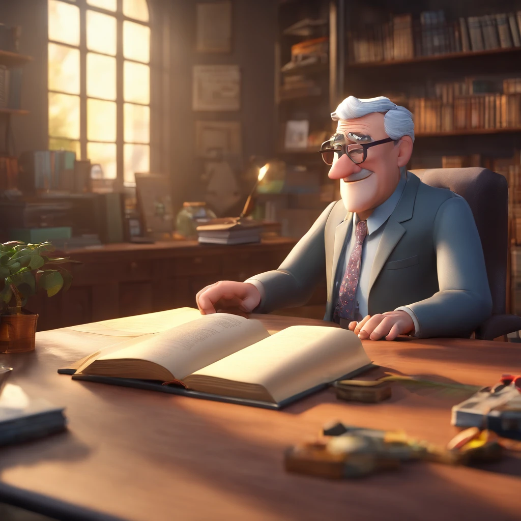 Crie um cartaz inspirado na Disney Pixar com o personagem sendo o pastor Rubens Janier, A gray-haired man wearing glasses, in an office with a Bible on the table, Looking forward and serious