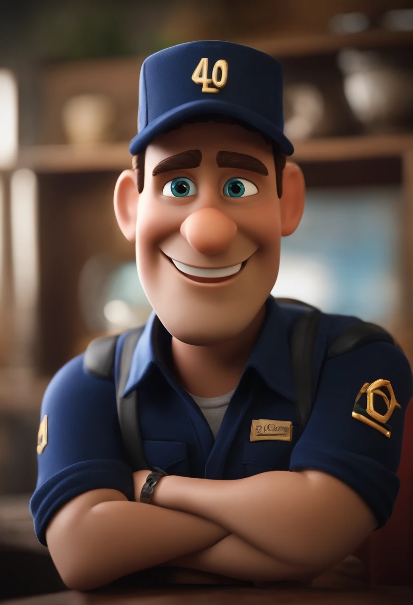 criar um personagem estilo pixar homem de 40 anos, pouco gordo, com cabelos castanhos e barba grisalhas, Navy Blue Trucker Cap, Olhos castanhos, Standing with folded arms, com sorriso. Com paisagem de campo ao fundo.