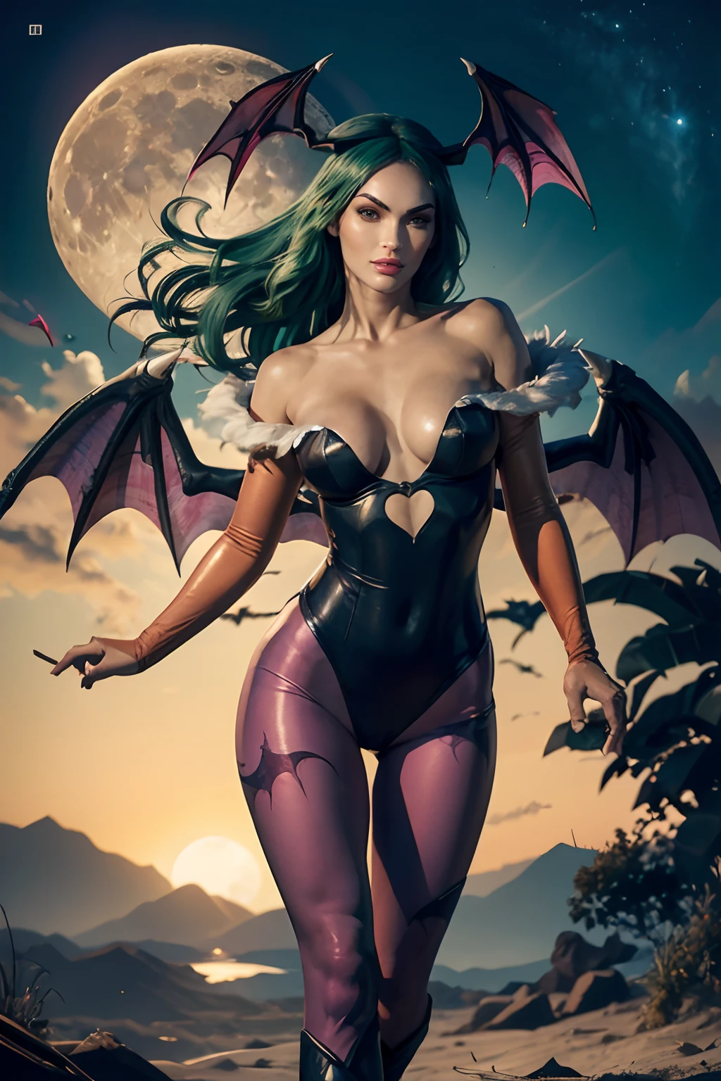 Megan Fox em Creative Artistry Print de Morrigan Aensland Personagem do jogo Darkstalkers em estilo hiper realista, with bat wings on the head, ((asas de morcego nas costas)), ((cabelo verde)), cabelo longo, black swimsuit, purple pantyhose, Beige gloves covering the entire arm, bota preta, par de botas pretas, medium bust, rosto de pele branca, arte de corpo inteiro,  a noite, lunar illumination.