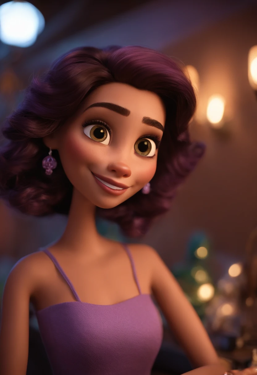Imagem estilo Pixar com 3D personagem mulher morena cabelo cacheado curto, olhos castanhos e rosto fino , em torno de 30 anos , With lilac dress and a tattoo machine in her hand , Maquiagem Disney,Pescador, bonitinho, sorridente ,Close-up, Pixar, Disney, Cinema lighting,