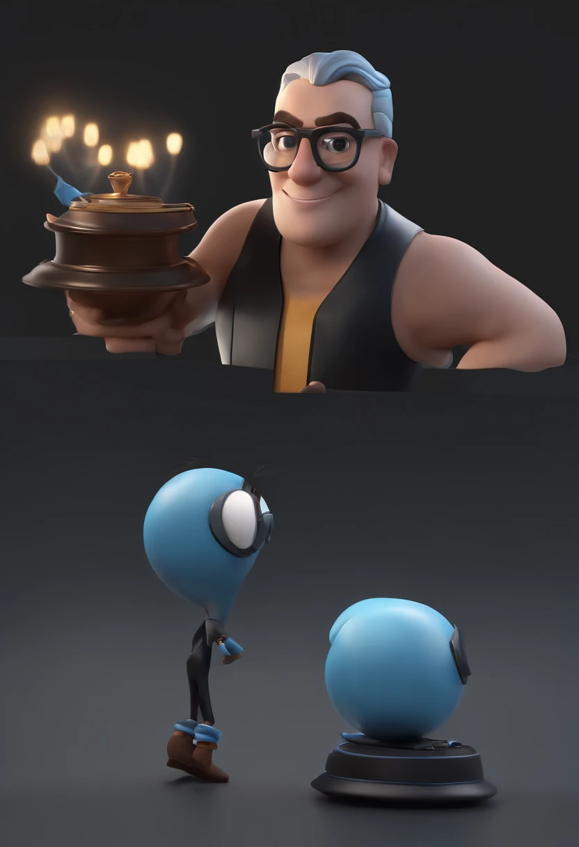 Cartoon character of a man wearing black glasses and a blue shirt, um personagem animado, Caractere estilizado, animation style rendering, 3D estilizado, Arnold Maya render, 3 d render stylized, toon render keyshot, Personagem 3D, Personagem 3D, 3d rendering stylized, 3 d character render, personagem de desenho animado, Personagem de close up, Pose de personagem, (Estilo Pixar) (master part:1.2) (Bokeh) (best quality) (pele detalhada) (textura detalhada) (8k) (argila) (Cinematic lighting) (foco nítido,Senta e vaza a parte superior do corpo