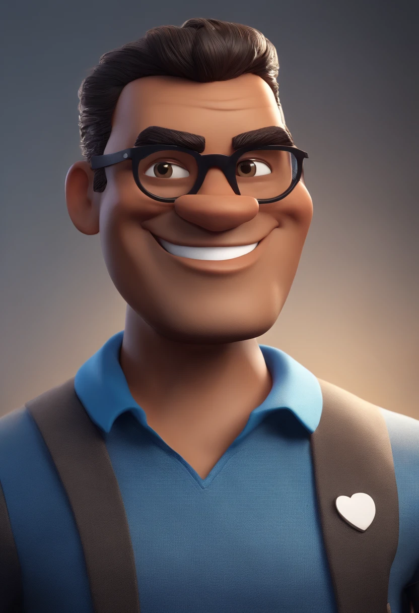 Cartoon character of a man wearing black glasses and a blue shirt, um personagem animado, Caractere estilizado, animation style rendering, 3D estilizado, Arnold Maya render, 3 d render stylized, toon render keyshot, Personagem 3D, Personagem 3D, 3d rendering stylized, 3 d character render, personagem de desenho animado, Personagem de close up, Pose de personagem, (Estilo Pixar) (master part:1.2) (Bokeh) (best quality) (pele detalhada) (textura detalhada) (8k) (argila) (Cinematic lighting) (foco nítido,Senta e vaza a parte superior do corpo