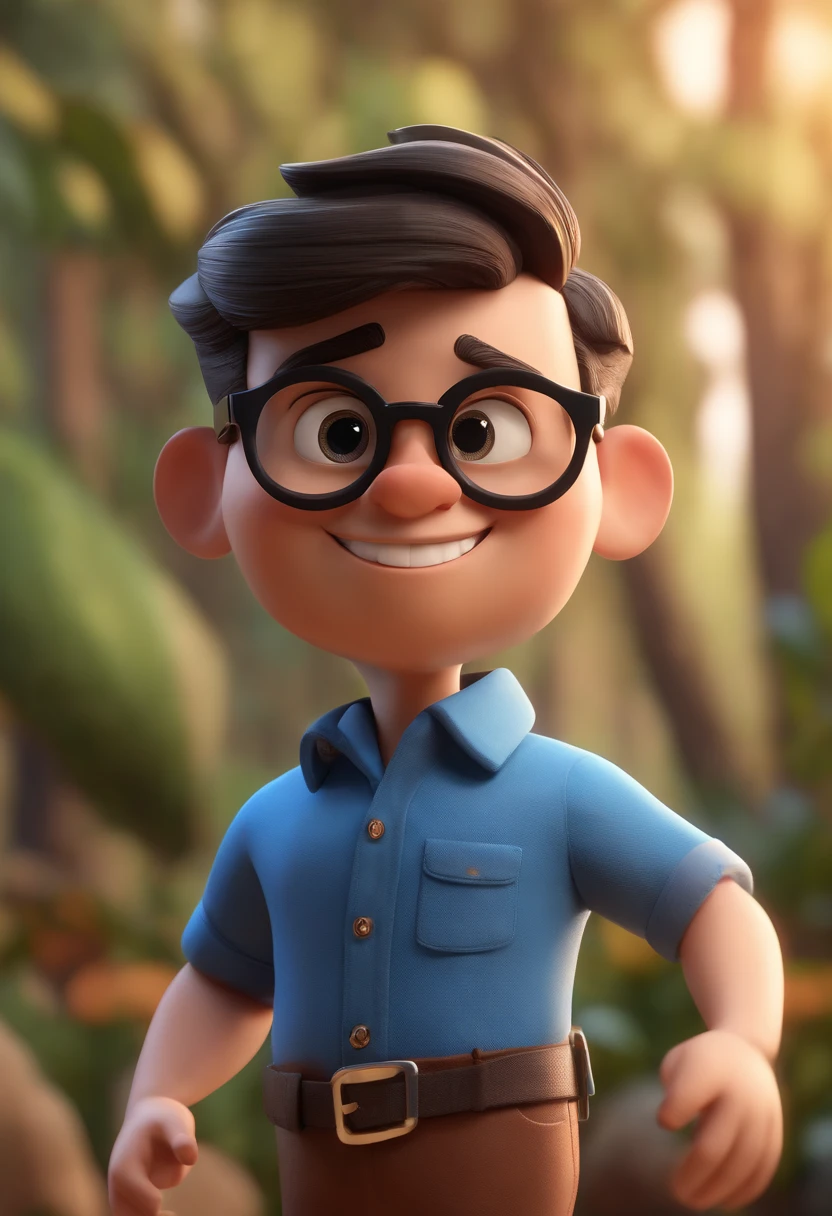 Cartoon character of a man wearing black glasses and a blue shirt, um personagem animado, Caractere estilizado, animation style rendering, 3D estilizado, Arnold Maya render, 3 d render stylized, toon render keyshot, Personagem 3D, Personagem 3D, 3d rendering stylized, 3 d character render, personagem de desenho animado, Personagem de close up, Pose de personagem, (Estilo Pixar) (master part:1.2) (Bokeh) (best quality) (pele detalhada) (textura detalhada) (8k) (argila) (Cinematic lighting) (foco nítido，Senta e vaza a parte superior do corpo