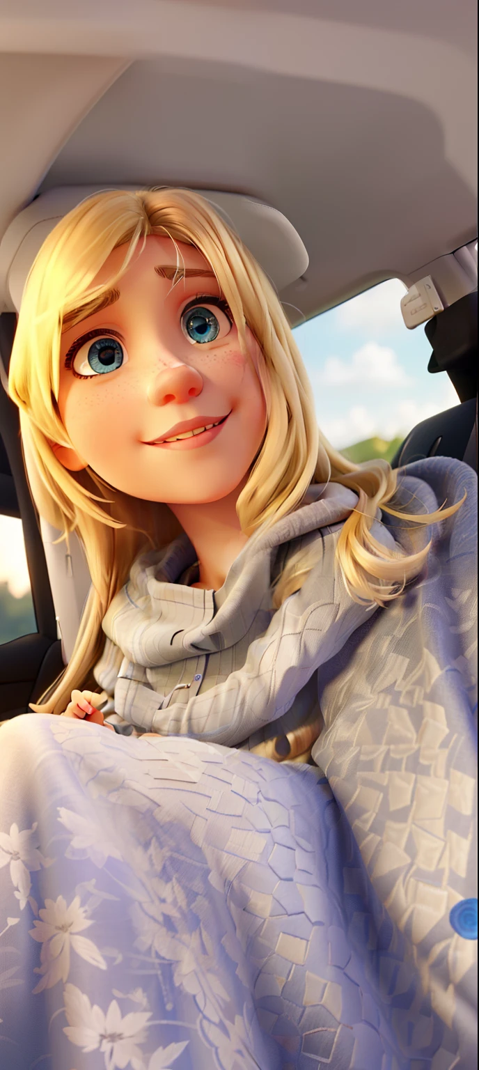 (best quality,highres),1 girl,blonde hair,straight hair,slightly smiling,gray blouse,[inside car],detailed eyes,detailed lips,vivid colors,portraits,soft lighting