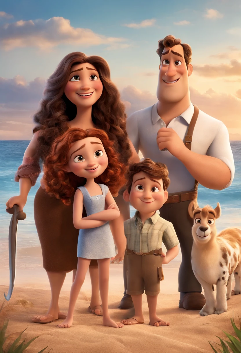 a Disney Pixar movie poster showing a white-skinned family. The father is the tallest, Tem barba curta, loiro, cabelos curtos e espinhosos. The mother has brown eyes and hair, shoulder-length and is slightly overweight. A menina tem 4 anos e cabelos castanhos, roupa rosa e rabos de cavalo. The background is a beach garden. 3D-rendering