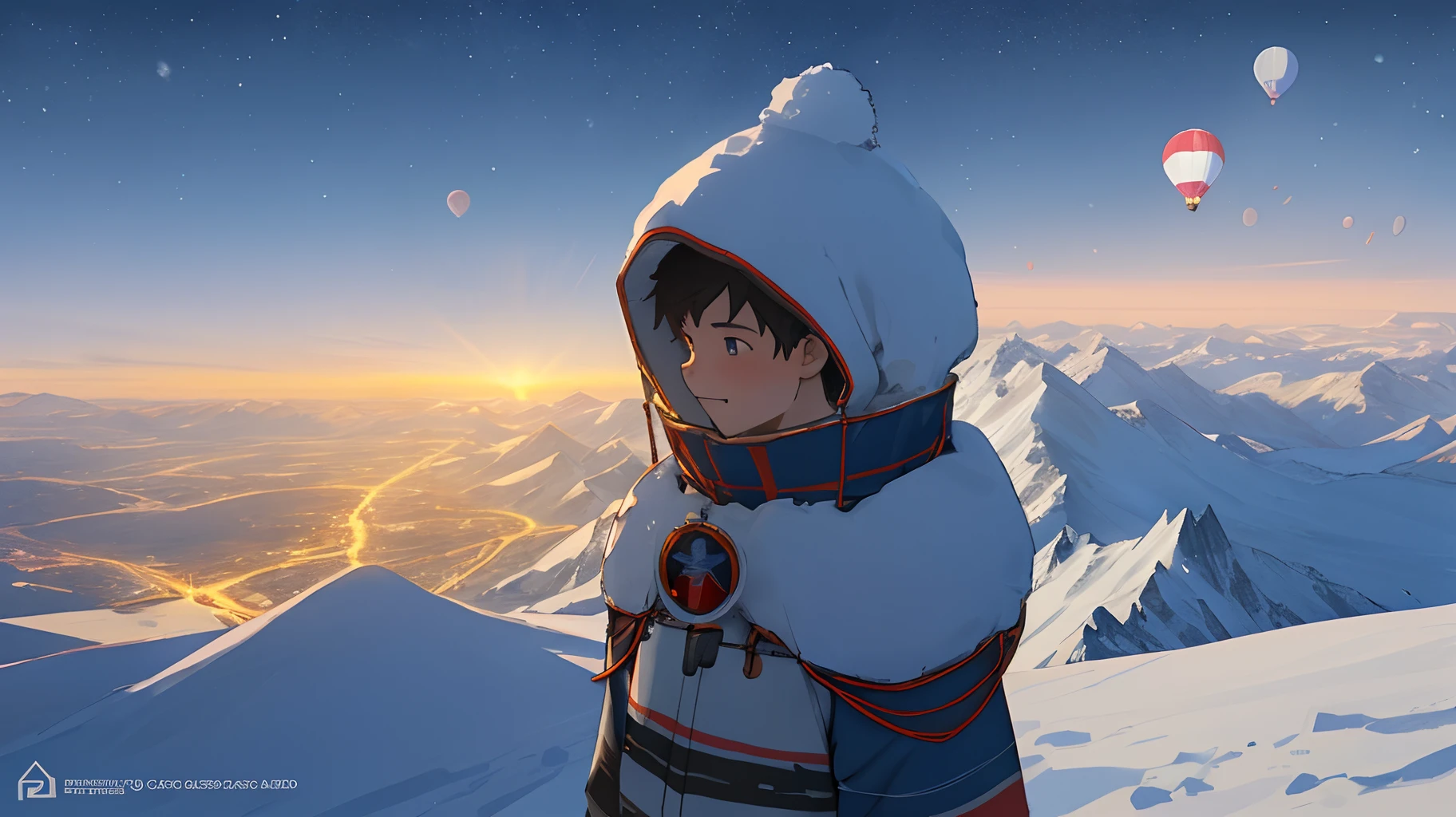Claro, I'll try to rewrite the text for you. "A boy enjoys his winter vacation on the snowy mountain glacier in a hot air balloon, voando pelo ar. The concept art is extremely detailed and features a night view in 24K UHD with Full HD resolution. The scene is enhanced with snowflakes and rendered by octane, com efeitos do Unreal motor 5. It is a collection of masterpieces with the best quality."