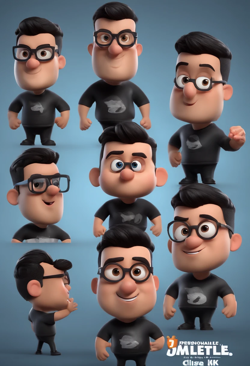 Cartoon character of a man with black glasses and a black sweatshirt with short black hair and playing to the side with a slight topknot, Face with Latin features , animation character, Caractere estilizado, animation style rendering, 3D estilizado, Arnold Maya render, 3 d render stylized, toon render keyshot, Personagem 3D, Personagem 3D, 3d rendering stylized, 3 d character render, personagem de desenho animado, Personagem de close up, Pose de personagem, (Estilo Pixar) (master part:1.2) (Bokeh) (best quality) (pele detalhada) (textura detalhada) (8k) (argila) (Cinematic lighting) (foco nítido