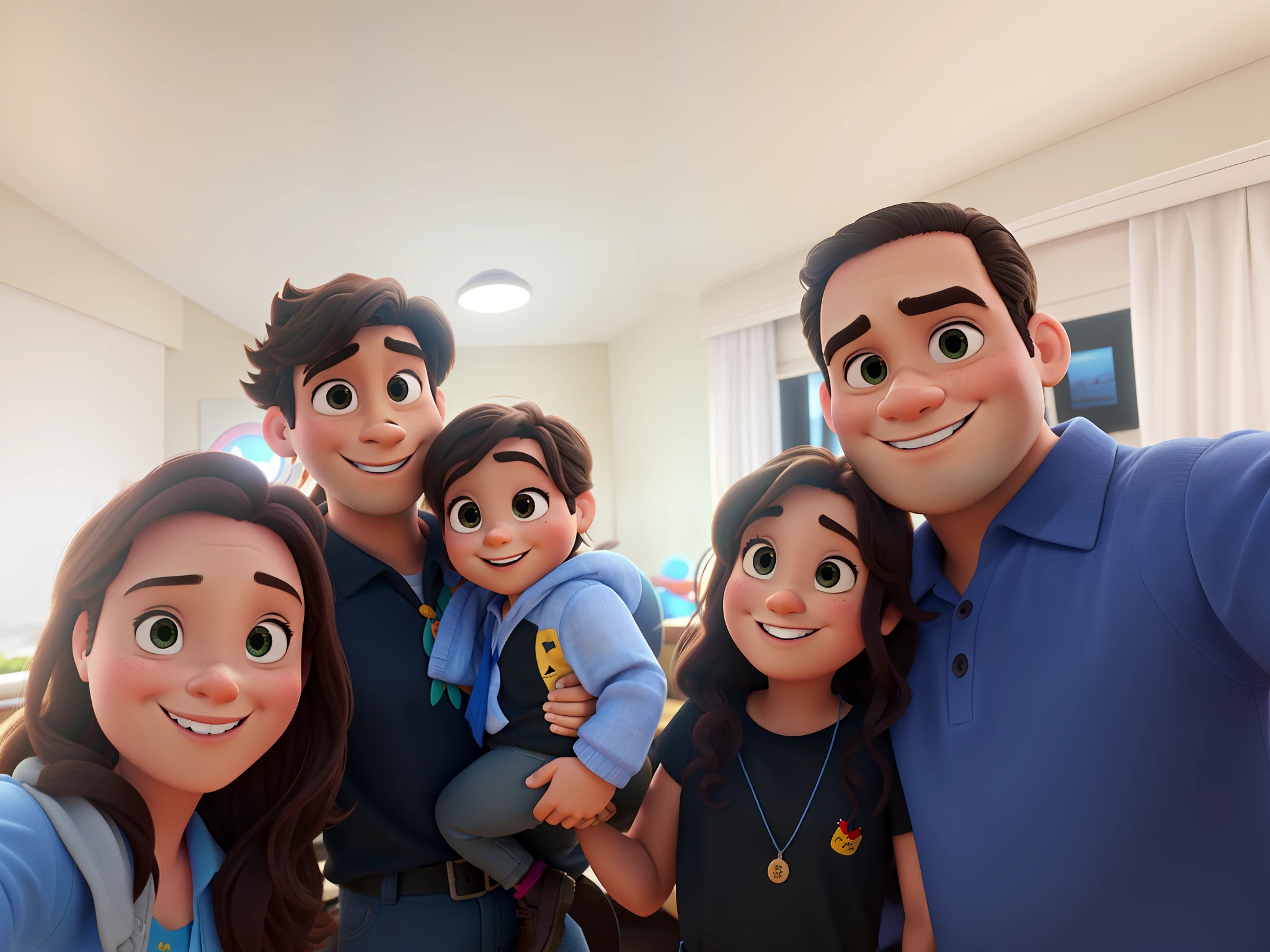 uma familia disney pixar, alta qualidade, melhor qualidade, tirando selfie comemorando aniversario