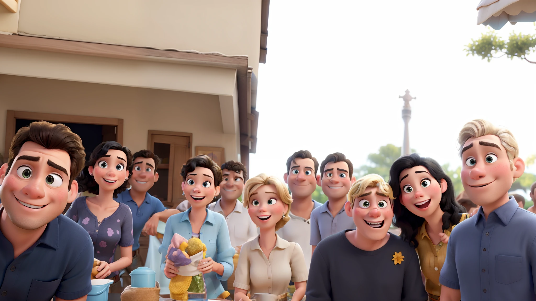 Obra-prima ao estilo Disney/Pixar in high quality and high resolution. The woman in the front is blonde and the man has black hair.