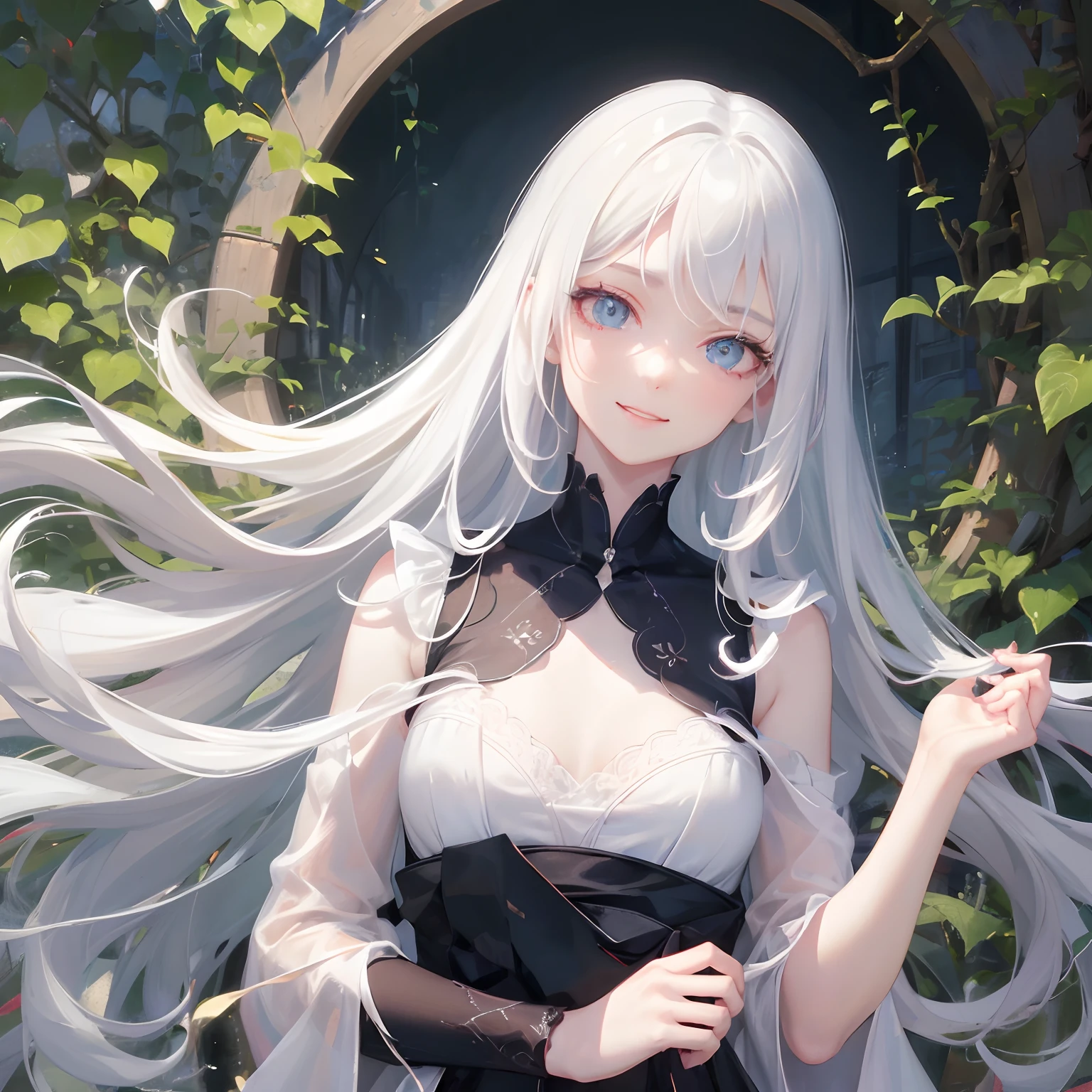 masutepiece, Highest Quality, (Perfect face:1.1), (high detailing:1.1), (ultradetailed eyes), Dramatic,  superfine illustration, Extremely detailed, 1girl in, (pale skin), long white hair, Ethereal eyes, (light eyebrow), ((Lovely smile)), (Half-body image:1.5),Solo, Long hair, student clothes,Pouty lips, Proud Expression, Laughing, Cinematic lighting, One-person viewpoint, In the garden