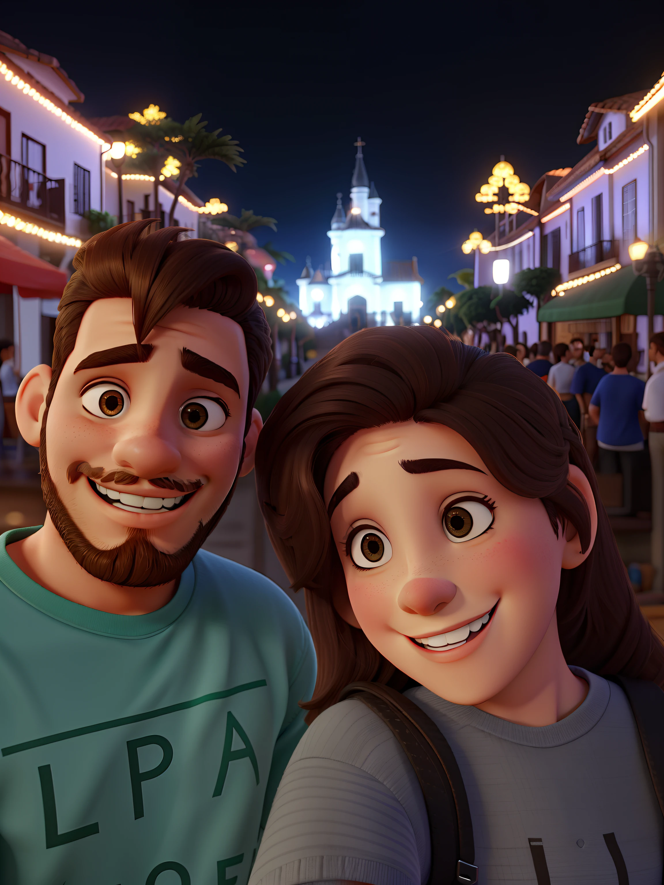 casal com grande sorriso. ele de cabelo curto e barba e ela de cabelo pouco e liso