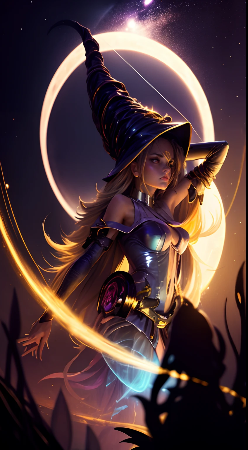 "Photograph of a dark magician golden sorceress under the moonlight, espeluznante, atmospheric, Hora dorada, encantador, Oscuro y encantador."