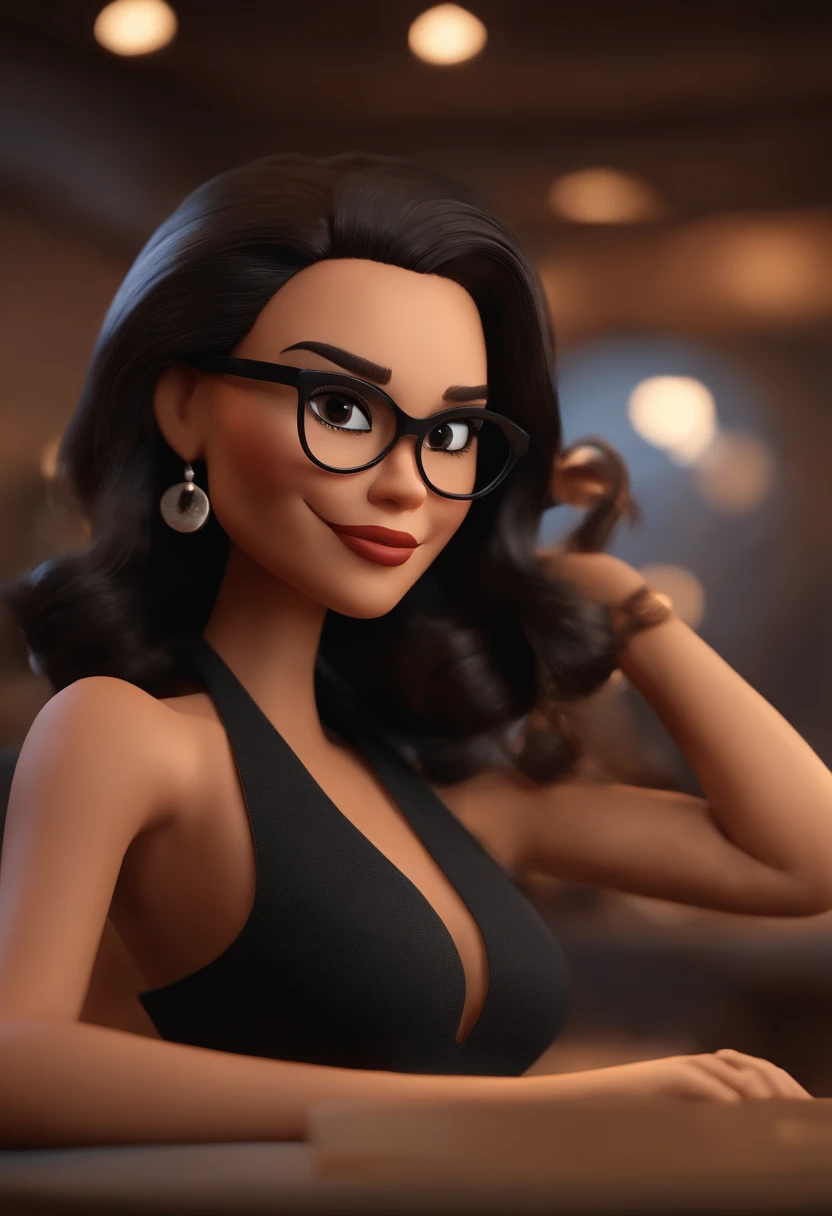 Cartoon character of a woman in black bikini with black glasses, cabelo curto cacheado marrom escuro, animation character, Caractere estilizado, animation style rendering, 3D estilizado, Arnold Maya render, 3 d render stylized, toon render keyshot, Personagem 3D, Personagem 3D, 3d rendering stylized, 3 d character render, personagem de desenho animado, Personagem de close up, Pose de personagem,  (Estilo Pixar) (master part:1.2) (Bokeh) (best quality) (pele detalhada) (textura detalhada) (8k) (argila) (Cinematic lighting) (foco nítido