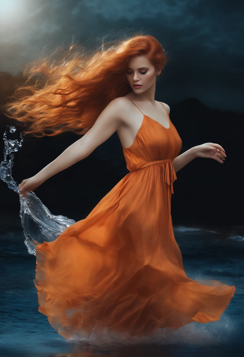 (master part, best quality), ((1girl, sozinho, cabelos longos)), Ismael_Limbus, expression of innocence, bare arms, bareshoulders, bare neck, Aquarela, vestido de sol, liquid clothing, water, Ondas, water dress, azul_tema, Noite, nevoeiro, Escuro, foco nítido, mar, vestido transparente, orange hair