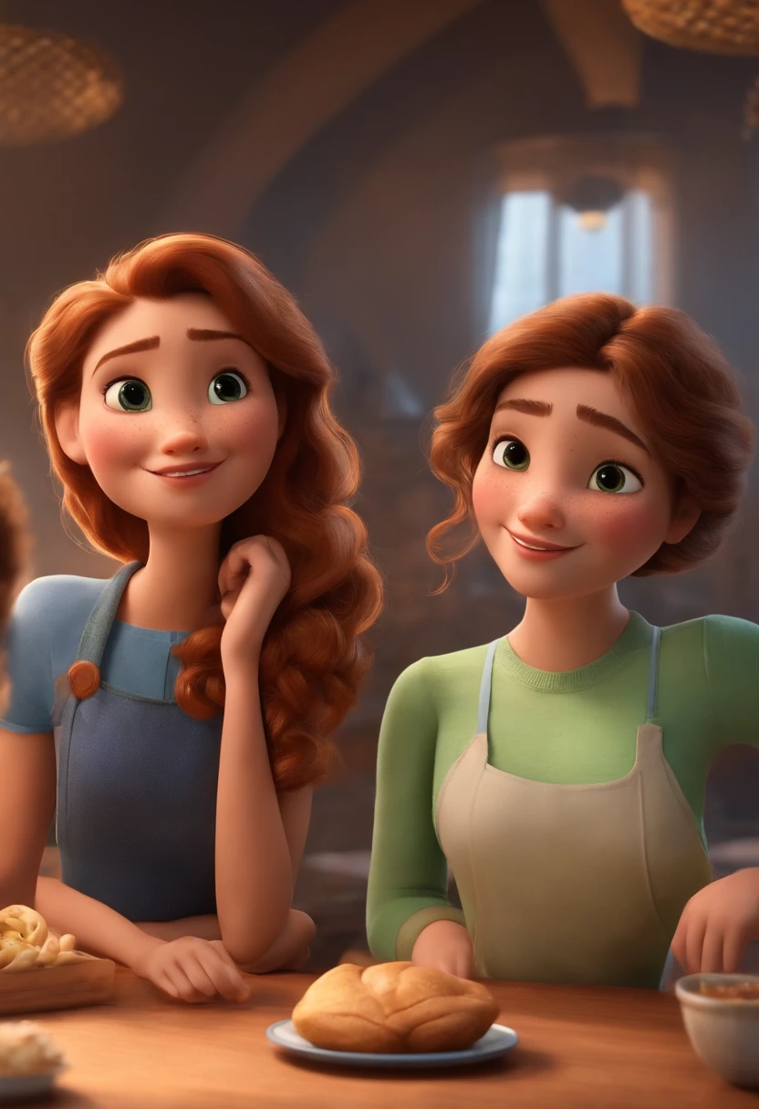 Criar uma imagem estilo Pixar de duas mulheres, One is a lady with her hair tied up, She's wearing a light blue t-shirt and green pants, The other woman is a teenager, She has wavy hair down and is wearing a blue and white long sleeve blouse and black shorts, They're behind a table of food