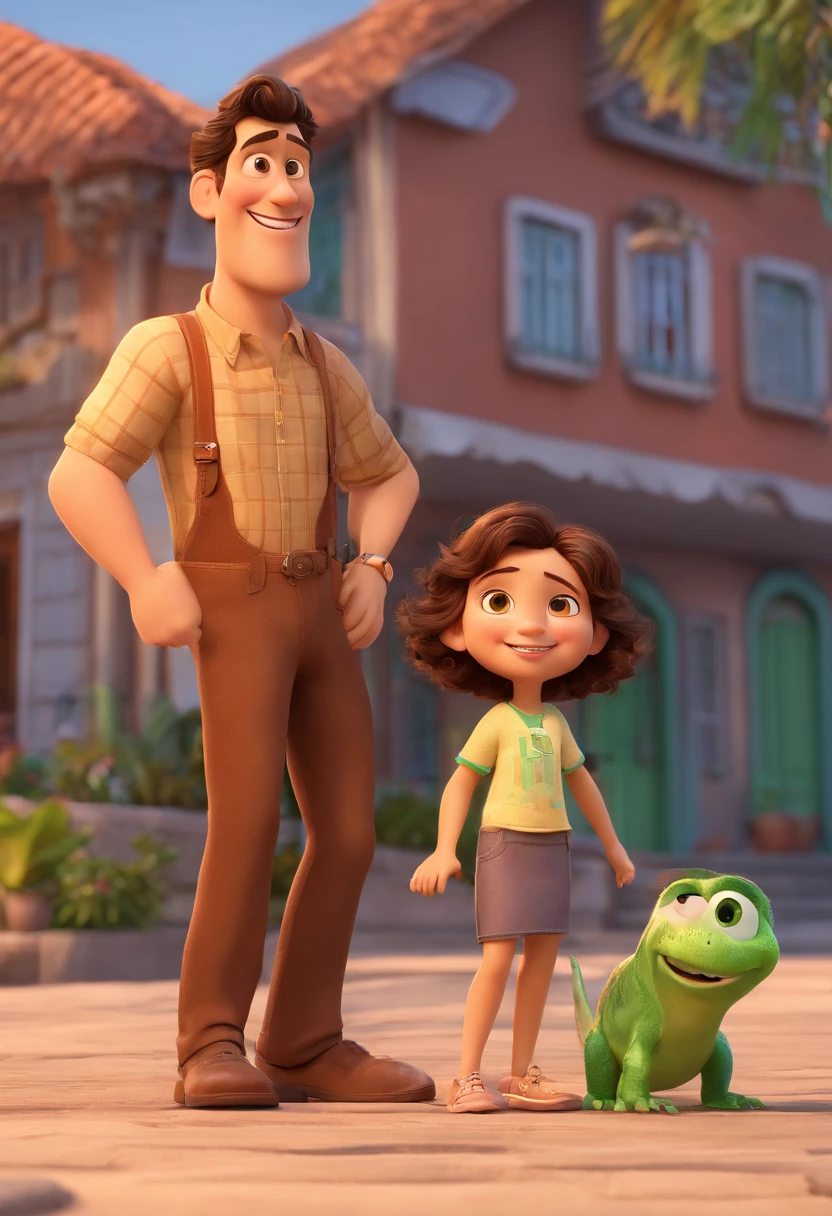 Estilo Pixar: fami, A brunette father with short dark brown hair and a strong physique , Fair-skinned mother with long light brown hair and green eyes. Uma menina de 1 ano com o cabelo na cor escuro e o outro menino com 7 anos e com cabelo na cor castanho escuro. Com o fundo no rio de janeiro, with the name Pixar style film written family Ceciliano Oliveira.