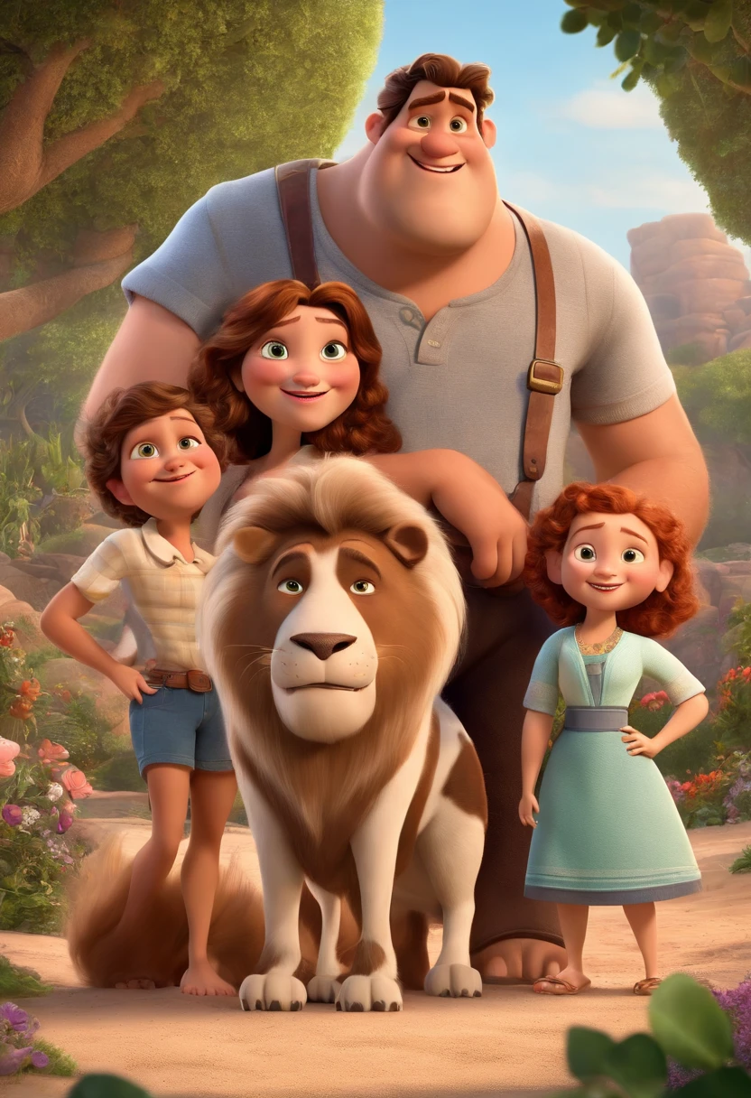 a Disney Pixar movie poster showing a white-skinned family. The father is the tallest, Tem barba curta, loiro, cabelos curtos e espinhosos. The mother has brown eyes and hair, shoulder-length and is slightly overweight. A menina tem 4 anos e cabelos castanhos, roupa rosa e rabos de cavalo. The background is a beach garden. 3D-rendering