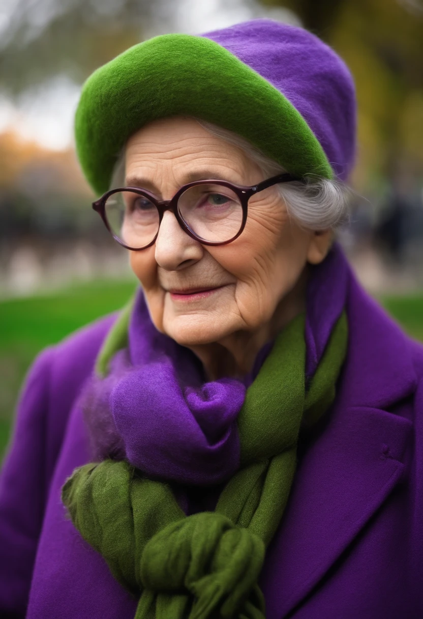 masterpiece, best quality, an old woman with glasses and a scarf on, wearing a purple coat and green scarf, standing at the park