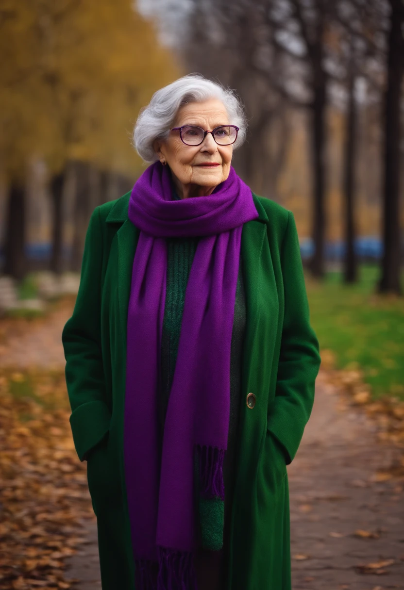 masterpiece, best quality, an old woman with glasses and a scarf on, wearing a purple coat and green scarf, standing at the park