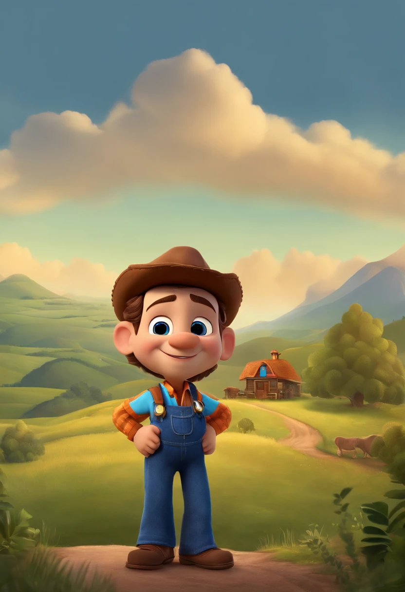 criar um personagem estilo pixar homem de 40 anos com cabelos castanhos e barba grisalhas, Navy Blue Trucker Cap, Olhos castanhos, Standing with folded arms, com sorriso. Com paisagem de campo ao fundo.