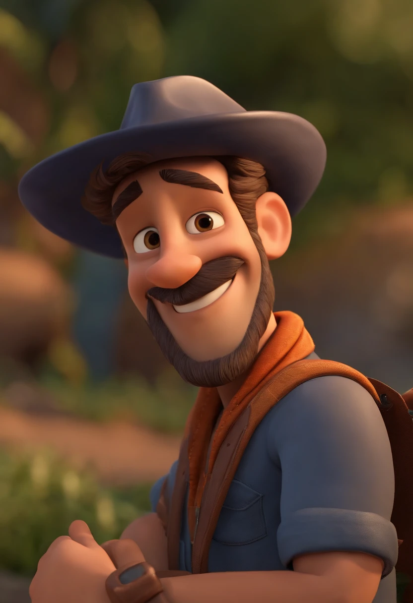criar um personagem estilo pixar homem de 40 anos com cabelos castanhos e barba grisalhas, Navy Blue Trucker Cap, Olhos castanhos, Standing with folded arms, com sorriso. Com paisagem de campo ao fundo.