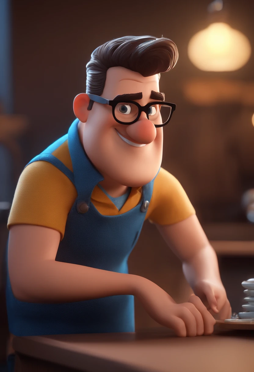 Cartoon character of a man with black glasses and a blue shirt, animation character, Caractere estilizado, animation style rendering, 3D estilizado, Arnold Maya render, 3 d render stylized, toon render keyshot, Personagem 3D, Personagem 3D, 3d rendering stylized, 3 d character render, personagem de desenho animado, Personagem de close up, Pose de personagem,  (Estilo Pixar) (master part:1.2) (Bokeh) (best quality) (pele detalhada) (textura detalhada) (8k) (argila) (Cinematic lighting) (foco nítido