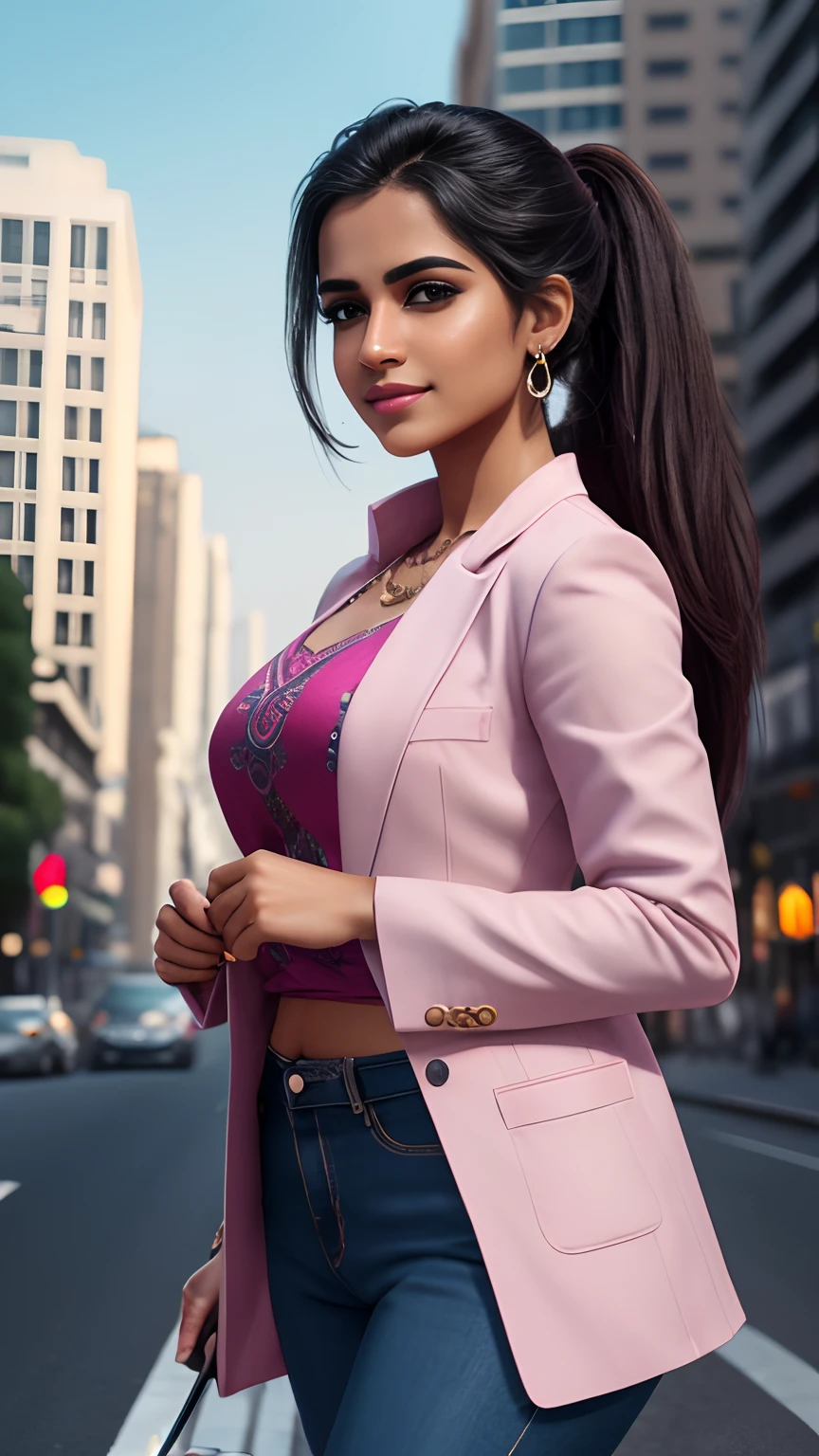 5 AM scenario, sun rise not enough, street lights are ON, ultrarealistic photography, incredible detailing, high quality, beautiful Tamil girl, sleek chick, (brief smirk:1.6), intricate detailed beautiful mesmerizing eyes, pink lips, no wrinkles no pimples face, ponytail black hair, wearing pink shirt blue pants blue open blazers high heels, carrying trolley suitcase, wrist watch earrings thin necklace, walking in the street, local bus taxis crossing her in the opposite direction, taxis parked on road side trees lamp posts traffic signal posts, skyscrapers  in the background, sharp focus on girl, full body head to toe show, wide angle, Nikon 850D, photorealistic, photorealism, UHD image, 4k, 8k, 16k, zeta pixel image cinematic effects, ornate, hyper maximalist, meticulous detailing of faces, hyper realistic background