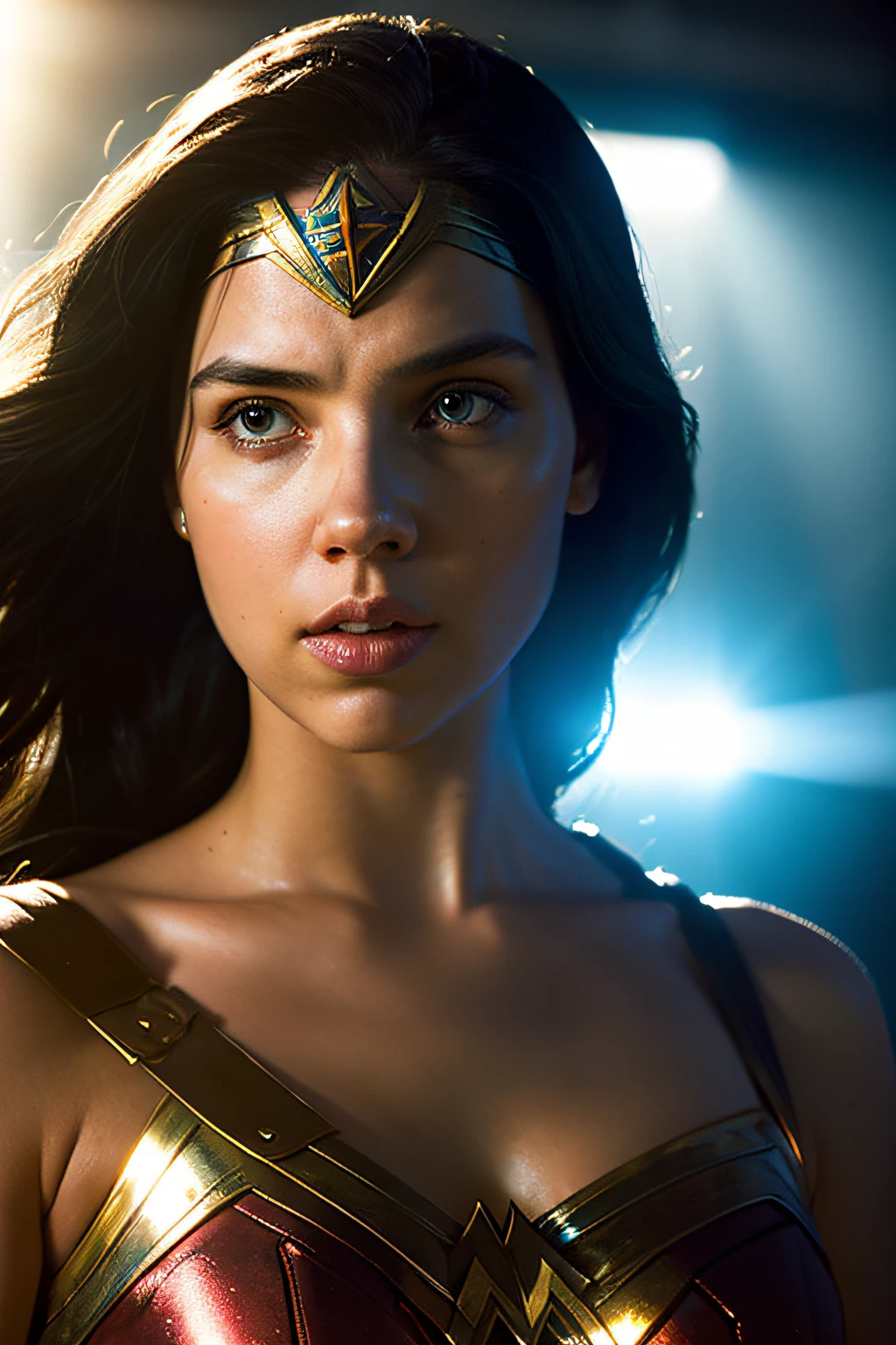 cinematic scene, Wonder Woman in DC Close-up, distorted space, distorted undead in the background, lensflare, light Shafts, Intricate details, detaileds, Volumetric lighting, 4k render, Stock Photo, Hyper-realistic, lifelike textures, Dramatic Lighting, Unreal Engine,　scarlet johansson,