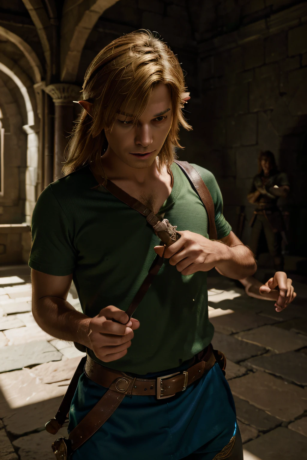 (best quality, highres, masterpiece:1.2), detailed illustration of Link from the Legend of Zelda game series, fighting in the Shadow Temple with perfect details, and an impeccably detailed head, in high definition.