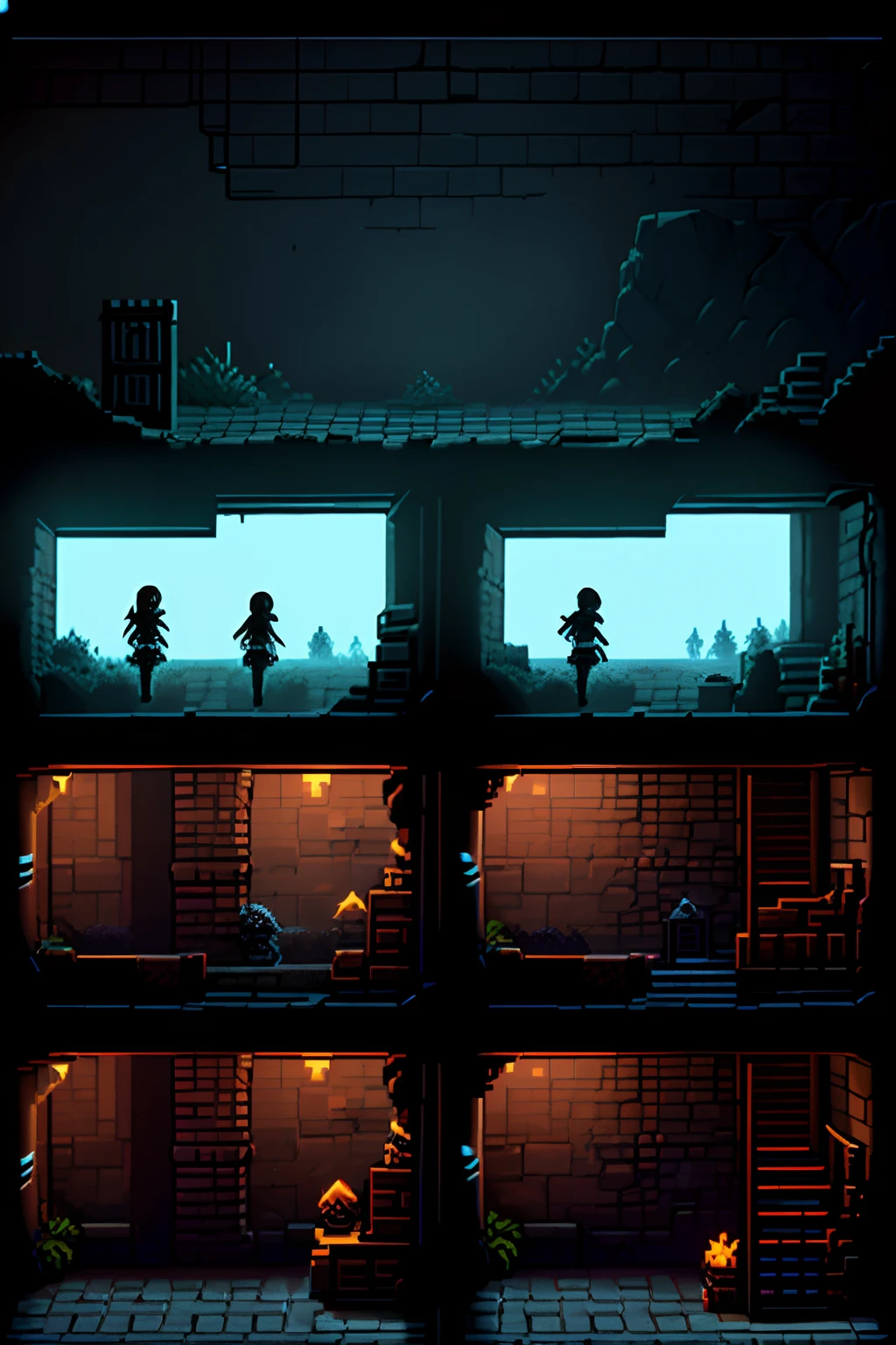 pixelated dungeon, with silhouette of 4 characters in a tired and defeated position, seen from behind the characters, game style, game over screen