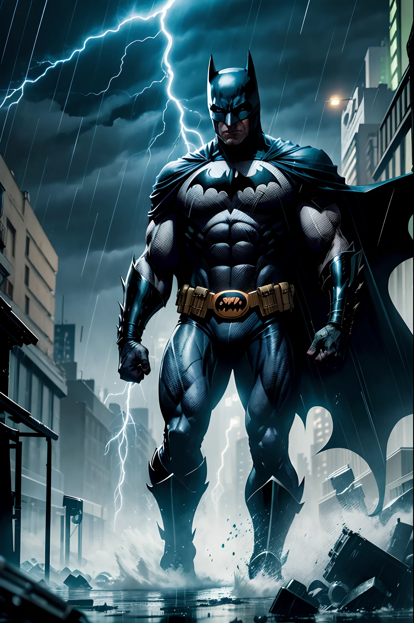 Nas ruas sombrias de Gotham, Torrential rain falls relentlessly as white and blue lightning tears across the night sky. O Batman, ferido e exausto, Face off against a horde of bloodthirsty criminals. Your body is a target for deep cuts, Bathing the night in a red hue of violence. The fight is fierce, but the Dark Knight doesn't back down. Correndo perigo de vida, ele se ergue contra as adversidades, determined to deliver justice amidst the storm of Gotham's darkness.