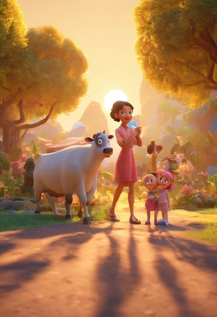 Estilo Pixar: Familia, Um pai, A mother and two girls. Uma menino de 6 anos e outro de 2 anos . Uma fazenda com vacas lindas e marrom .