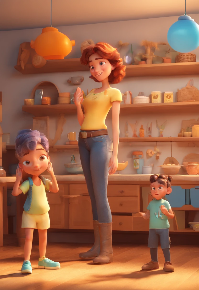 Estilo Pixar: Familia, Um pai, A mother and two girls. Uma de 6 anos e outro de 2 anos . Uma fazenda com vacas lindas e marrom .
