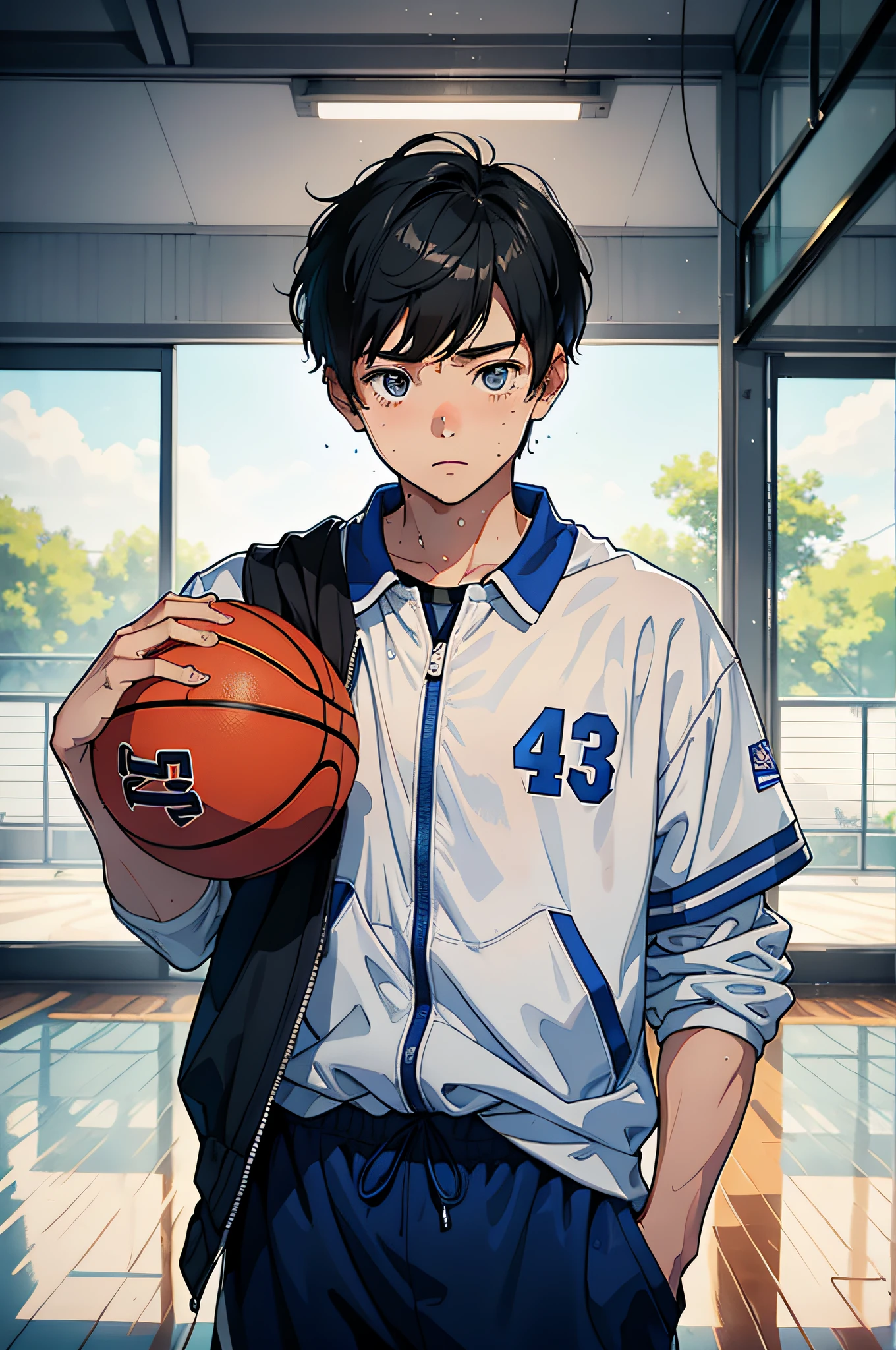 The boy came in、college guy、Basketball court、Mashed potato cut hairstyle、Standing at your feet.、upper body portrait、wipe the sweat on your forehead、Brighter、Blue Basketball Jersey,