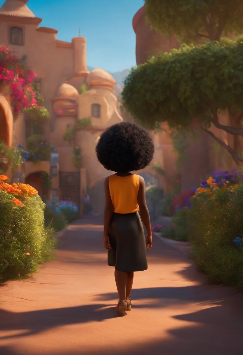 Um filme inspirado na Disney Pixar (MENINA NEGRA JOVEM COM CABELO LONGO CACHEADO PRETO) dentro A cena estar na arte distinta do estilo PIXAR, descolada e estilosa