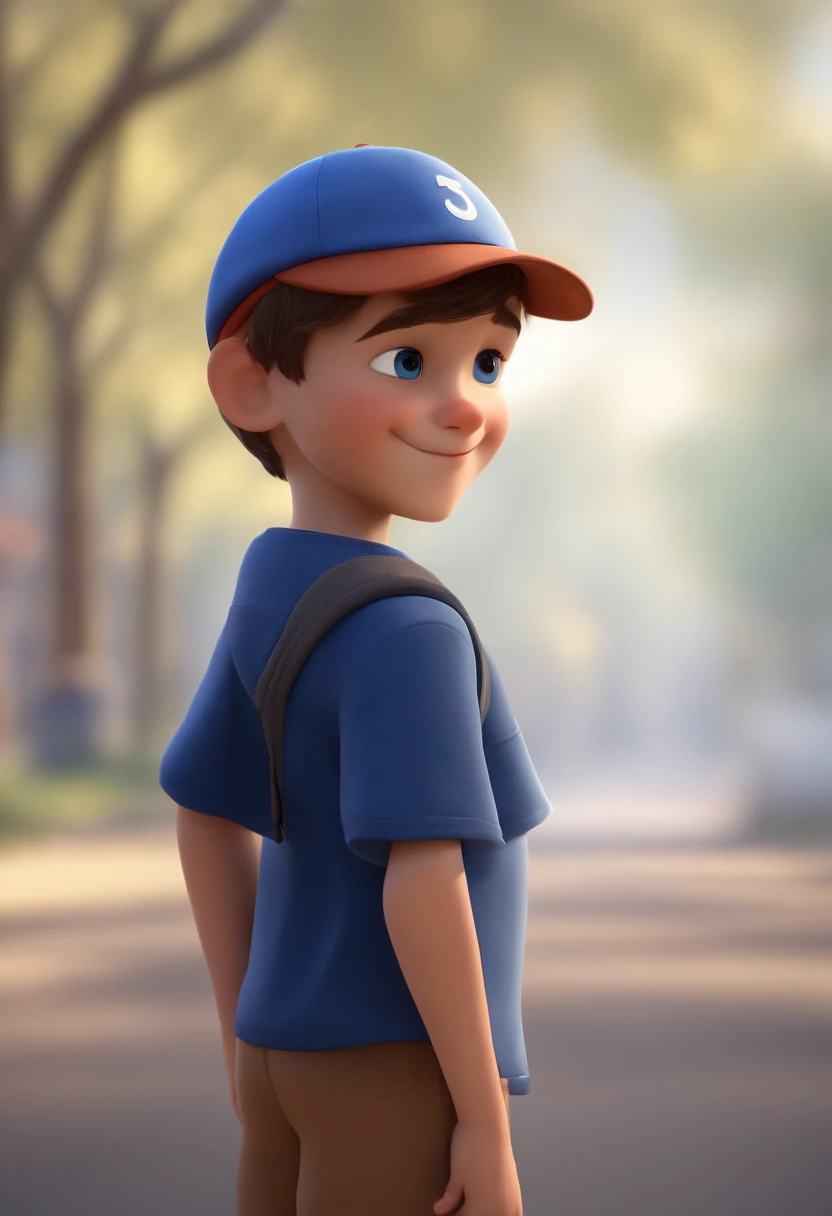 A happy cute boy standing short hair with dark blue cap , vestindo uma camisa azul , , fundo branco, barnet, Tom, Estilo Pixar, ......3d, desenhos animados, rosto detalhado, asymmetrical 16k