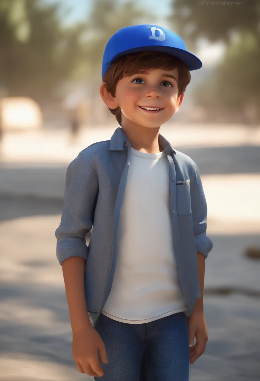 A happy cute boy standing short hair with dark blue cap , vestindo uma camisa azul , , fundo branco, barnet, Tom, Estilo Pixar, ......3d, desenhos animados, rosto detalhado, asymmetrical 16k
