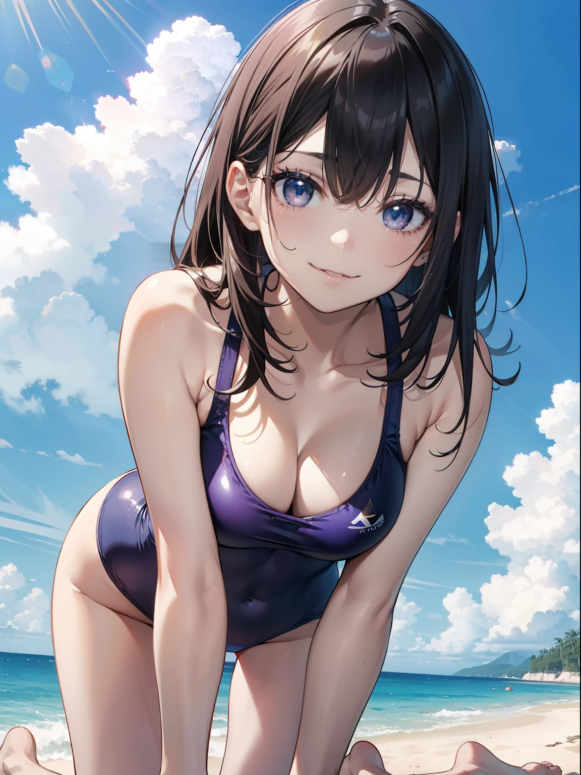 The ultra -The high-definition、high-level image quality、top-quality、Full feet and hands、complete fingers、Beautuful Women、1 persons、ssmile、Pink swimsuit、sprawl、all-fours