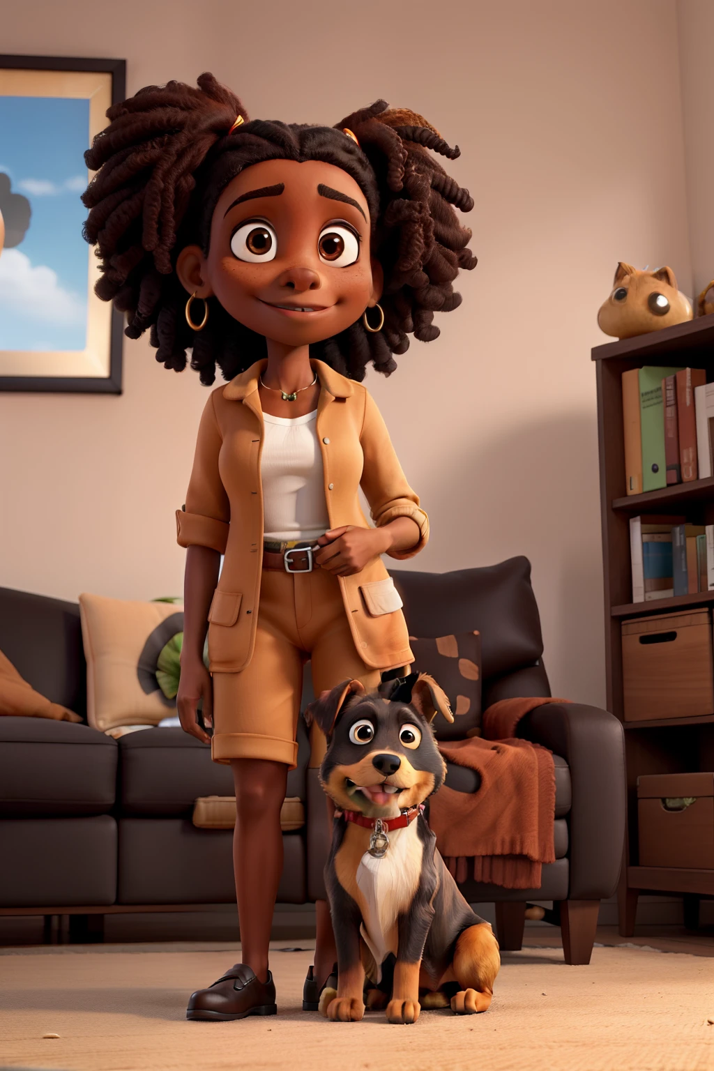 Mulher negra de cabelo cacheados longo, with his caramel-colored Pincher dog on the couch