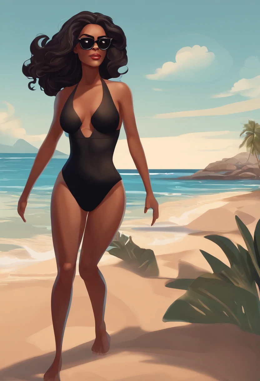 Cartoon character of a woman in black bikini with black glasses, cabelo cacheado marrom escuro, animation character, Caractere estilizado,