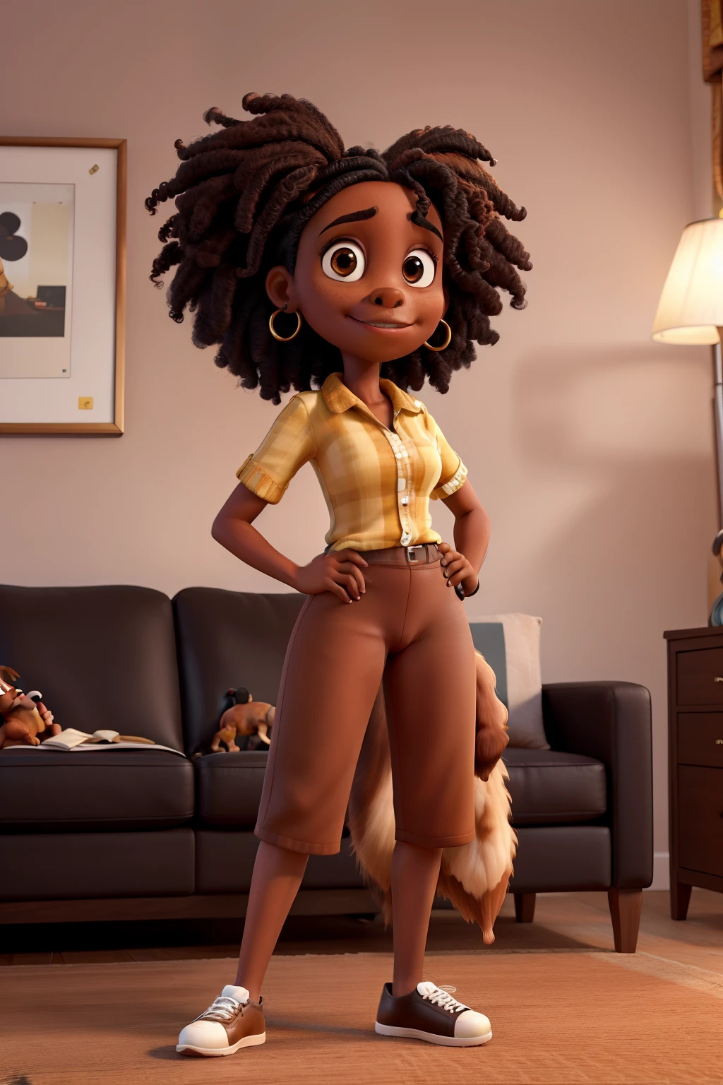 Mulher negra de cabelo cacheados longo, with his caramel-colored Pincher dog on the couch