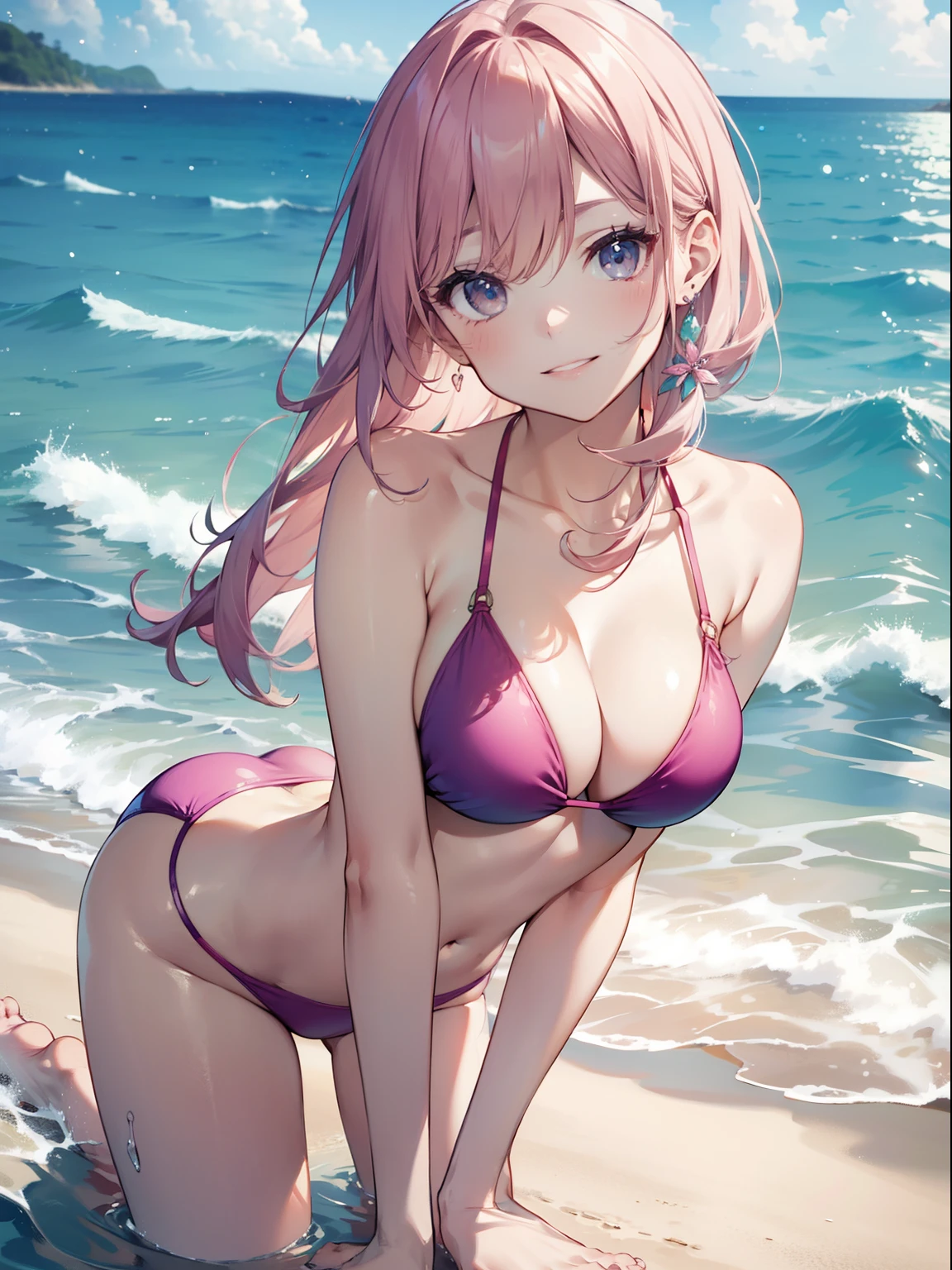 The ultra -The high-definition、high-level image quality、top-quality、Full feet and hands、complete fingers、Beautuful Women、1 persons、ssmile、Pink swimsuit、sprawl、all-fours