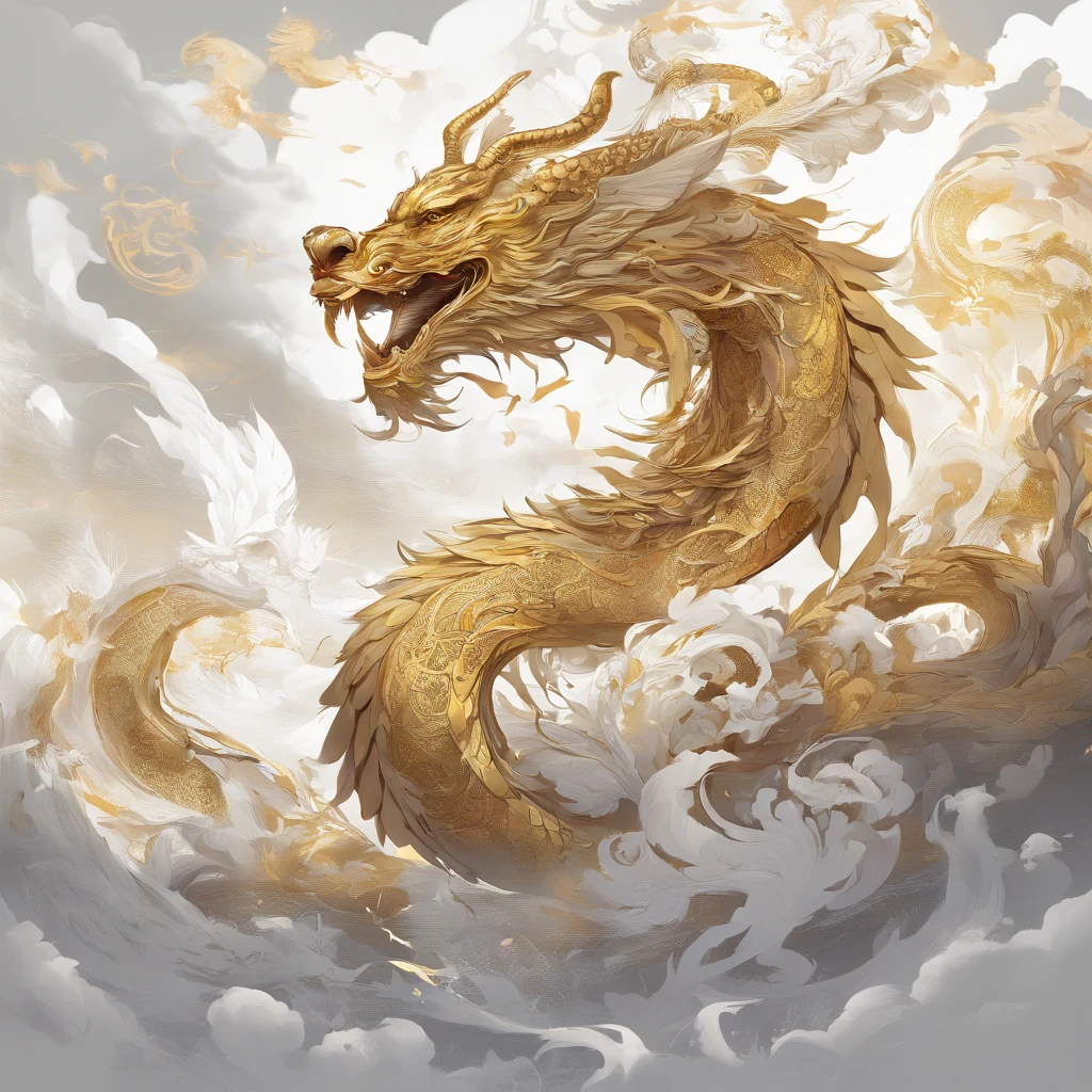 A logo、masterpiece、(white backgrounid:1)、Golden Chinese dragon surrounded by white clouds、Deities々Right、the wind、Deities、long wavy body、tusk、The upper part of the body、Fantasia、myth、hightquality、ighly detailed、masterpiece、epic poem、Particle effect、Dynamic effects