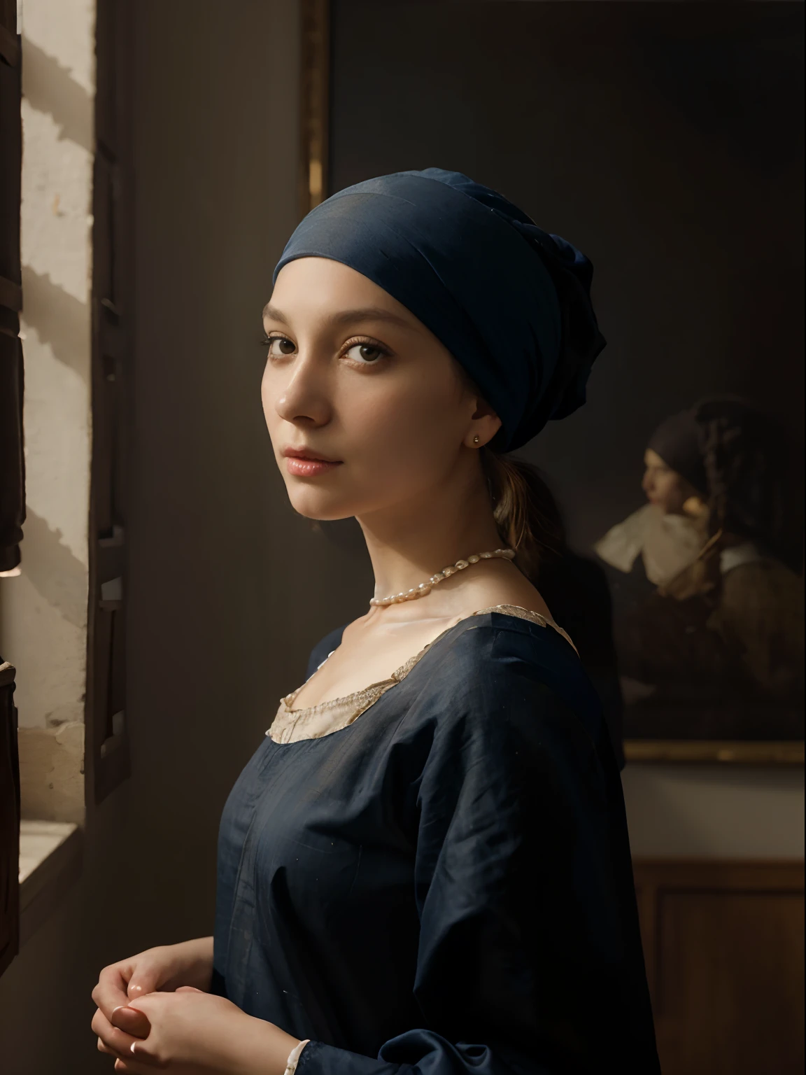 **Painting:** The Girl with the Pearl Earring by Johannes Vermeer (c. 1665)

**Description:**

A young girl stands facing the viewer, her head turned slightly to the side. She has a mysterious expression on her face, and her eyes seem to follow the viewer wherever they go. She is wearing a simple blue and white turban, and a single pearl earring hangs from her left ear.

The girl is standing in a dark room, with only a faint light illuminating her face. The background is blurred, so it is difficult to tell what is behind her. However, the viewer can see a few details, such as a wooden wall and a curtain.

The girl's turban is made of a soft blue fabric, and it is tied neatly around her head. The pearl earring is the only bright color in the painting, and it stands out against the girl's dark hair and turban.

The girl's pose is both graceful and natural. She is standing with her weight evenly distributed on both feet, and her arms are relaxed at her sides. Her head is tilted slightly to the side, and she is looking directly at the viewer.

The painting is a masterpiece of light and shadow. Vermeer uses light to create a sense of depth and atmosphere. The girl's face is illuminated by a soft light, while the background is blurred and dark. This contrast between light and shadow creates a sense of mystery and intrigue.

**Analysis:**

The Girl with the Pearl Earring is one of the most famous and beloved paintings in the world. It is a masterpiece of Dutch Golden Age painting, and it is known for its beauty, realism, and mystery.

Vermeer was a master of light and shadow, and he uses these elements to great effect in this painting. The girl's face is illuminated by a soft light, while the background is blurred and dark. This contrast between light and shadow creates a sense of depth and atmosphere.

The girl's pose is also very striking. She is standing facing the viewer, her head turned slightly to the side. She has a mysterious expression on her face,